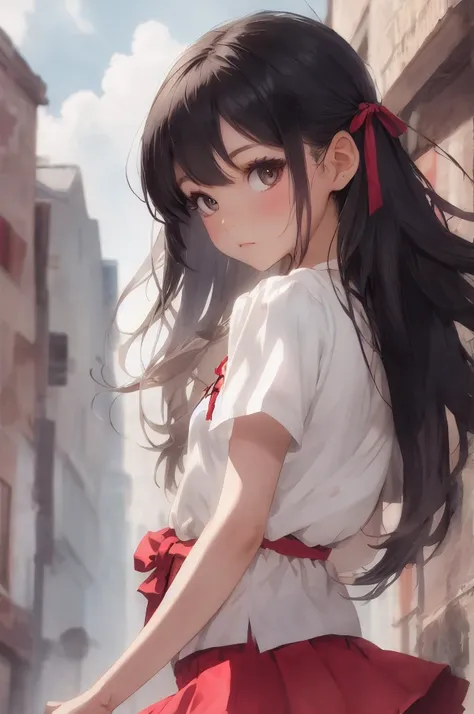 (Beautiful girl:1.3), Swing Long Hair, straggling hair, Bright Sun
, Watercolor style, Soft Blending, Dreamy wash, Warm texture, Beautiful graphics, high quality、Black Hair, Red little ribbon, Holding a sword、White blouse、Black mini skirt、Long Hair, Hair b...