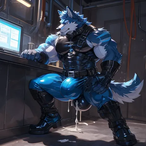 Furry blue muscular wolf wearing a skin-tight black and blue latex outfit, his tail is blue and he has a big bulge, his blue cock is hard in his pants and is dirty with cum