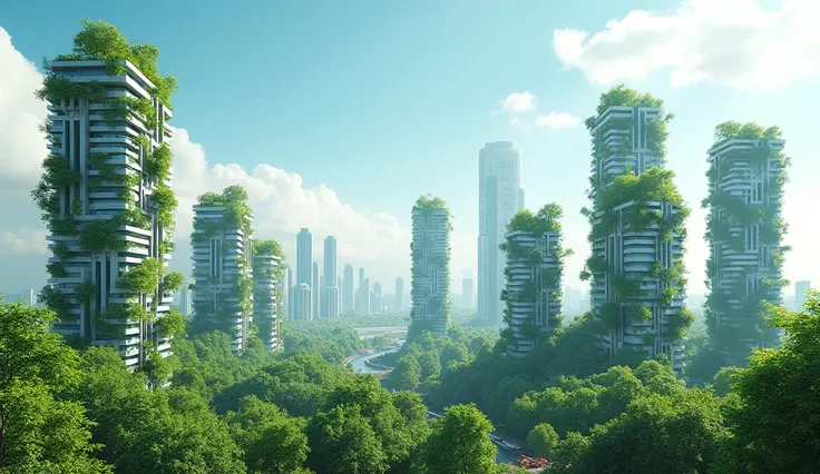 City skyline with buildings with vertical gardens and green roofs