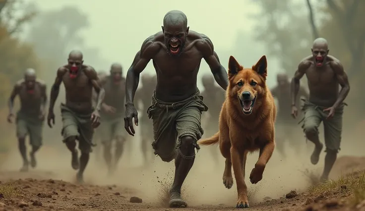 a black man and a brown fur dog, running, crying for help, terrifying, horrifying, expressions on faces, and mutant human virus-infected, with pale skin, bald and torn, clothes, running behind them, chasing them, they wear only pants,and their mouths are h...