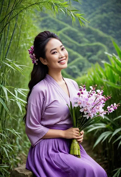 A full-body image of a young Asian woman with a medium, curvy build. She has beautiful skin and a serene smile, wearing a flowing soft purple skirt. The woman is dressed in modern purple clothing and is seated on a hill. She is surrounded by shrubs and vin...