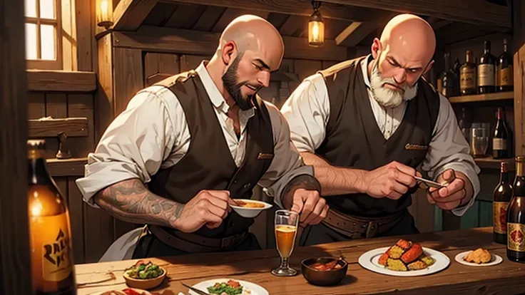 Bald Dwarf Tavern Master With THICK red beard working in a medieval tavern, serving ale