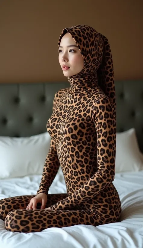 a beautiful and thinest asian chinese woman wears leopard print lycra turtleneck unitard catsuit.She always wear leopard print lycra dancewear hijab hood.She sits on the bed.