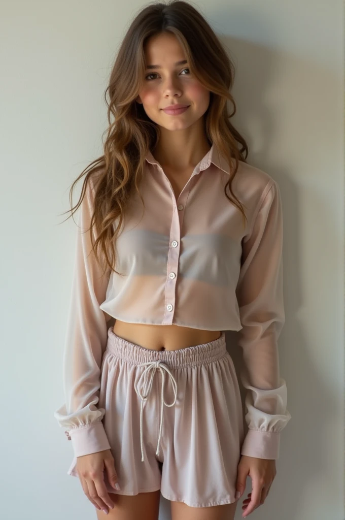 Very young girl in a very short miniskirt, Whole body, transparent blouse, 