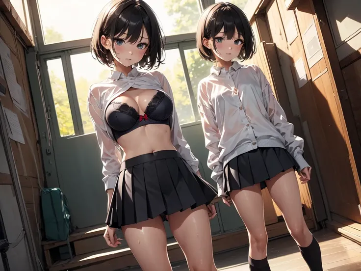 {masterpiece}, good anatomy, amazing quality, {{jaggy lines}}, ai-assisted, very aesthetic, absurdres, nsfw,1girl, masterpiece、High definition photo quality、8k、nsfw、Wet grey pleated mini skirt、Wet tight fitting blouse、(Black Bra)、Knee-high socks、Black pant...