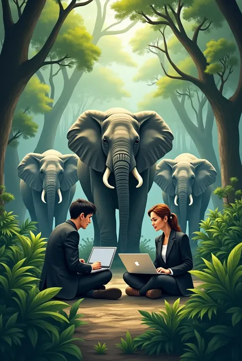 Office project team in a office affair working on a laptop in jungle, elephants are behind, 8k, micro detail, illustration, instinct elegance, team members