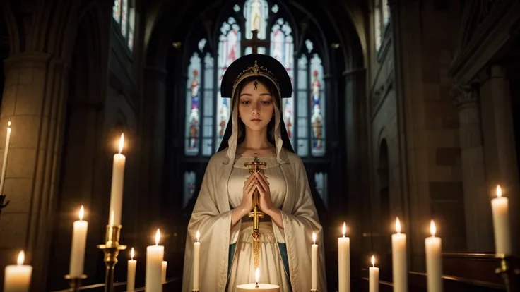 our lady mother of jesus, luminous image, inside a church with candles