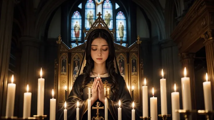 our lady mother of jesus, luminous image, inside a church with candles