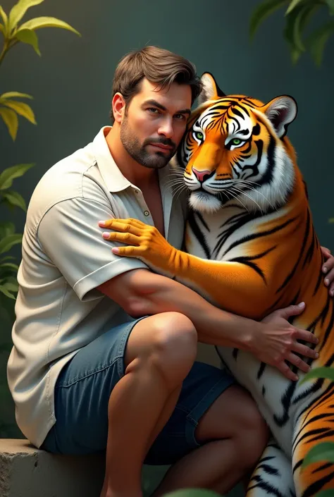 create a 4d illustration, hyper realistic of a man in his 40s, masculine, plumpness, green eyes, he is wearing a white shirt and blue shorts. he is sitting and hugging a tiger, who looks friendly and is looking forward.