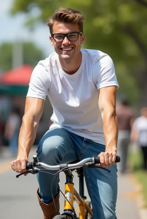 Take a photo of a handsome young man with glasses riding a federal bicycle.,wearing a white t-shirt, Cowboys, smiling sweetly