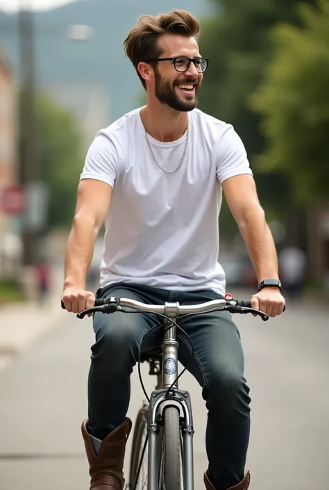 Take a photo of a handsome young man with glasses riding a federal bicycle.,wearing a white t-shirt, Cowboys, smiling sweetly