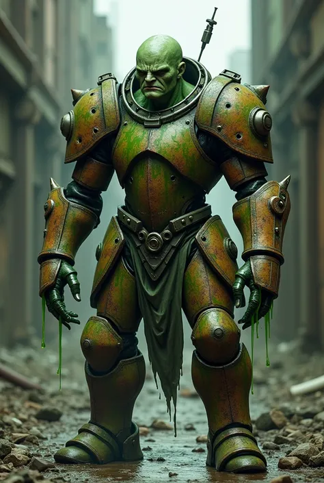 Human-faced golem in rusty full plate armor with pipes flowing green acid splattered across its body with syringes attached to its hands 