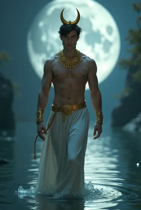 Young handsome man with short black hair, blue colored eyes, a golden crown with a half moon in the center and similar to a tiara, wearing no shirt, gold collar, gold bracelets, Arabic style wide white pants, somewhat effeminate appearance, stepping on wat...