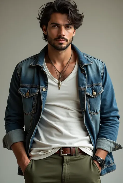 guy with dark hair round face and stubble, pose modelling, wearing jean jacket white shirt olive pants neckless