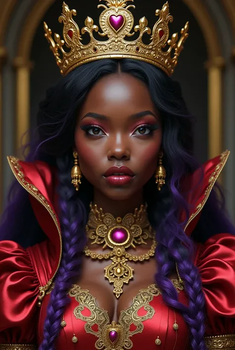 a dark skinned woman,and radiant ,  Make a Queen of Hearts with a golden crown and full of clothes,  mulher asiáticade cabelo roxo segurando o pescoço dela 
