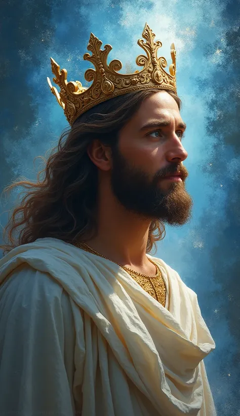 Jesus with a king&#39;s crown on his head, JesusChrist, the lord and savior, portrait of JesusChrist, Jesus of Nazareth, brilliant light masterpiece, jesus, greg olsen, king of kings, beautiful image already created, image background a kingdom of beautiful...