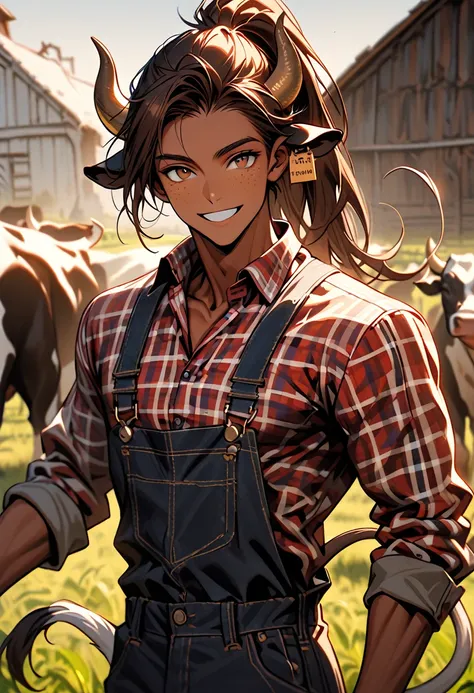 solo, male, broad shoulders, long bull horns, tan skin, very long brown hair, ponytail, brown eyes, young male, farm, plaid shirt, button up shirt, overalls, fit, slightly big muscles, cow tail, slender, thin waist, friendly smile, farm, freckles, close up...