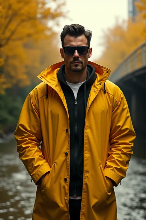 Brutal, handsome man short hair wearing sunglasses and yellow raincoat, standing in front of river and sky walk, golden shower trees on the background, yellow atmosphere 