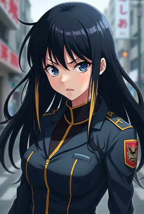 Create a girl in the style of the anime Tokyo revengers. Tez blanca, Straight black hair in a mane style with a bang that is larger on the left side and a blonde lock in front on each side, Dark blue eyes, wears the uniform of the take.