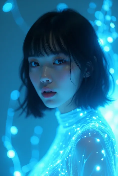 A girl, attractive, short black hair, Blue light , straight bangs,small black eyes,real, realist,blue skin,real, hologram ,blue,Korean girl, beautiful and tender , very long hair ,Glowing skin,Glass skin 