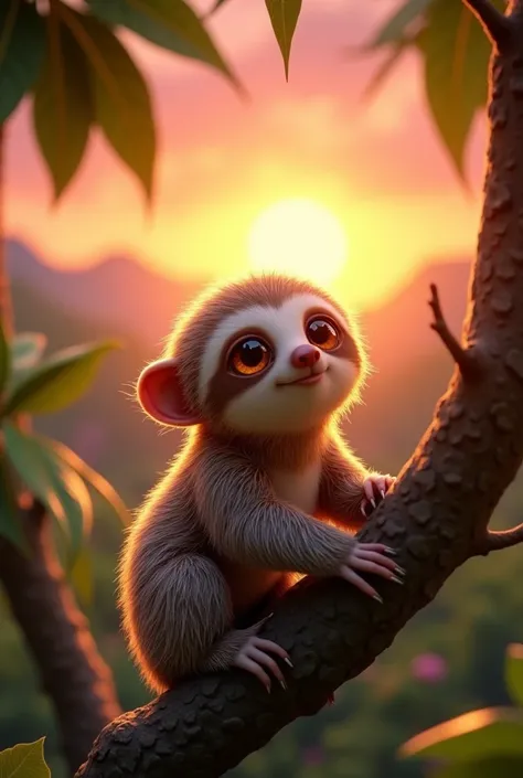 Pixar disney drawing of 3d sloth, baby with big shiny eyes in a tree watching the sunrise