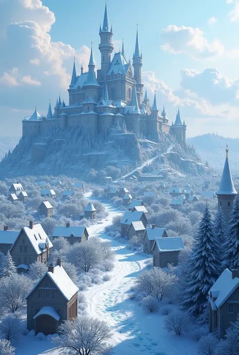 A city where there is a palace covered in ice and snow. There are millions of beautiful houses covered in ice and snow around the palace. There are several streets with corners. The palace is medium in size, not large., not small. There are countless house...