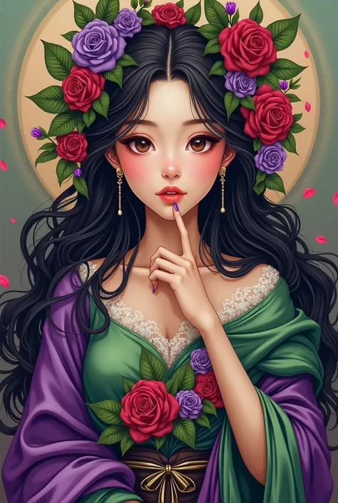 Portrait Painting of woman with Purple and green and red roses in her purple and green hair. Purple with green highlights hair. Purple and green robe full of roses. Best Artistic work. Leonardo da Vinci inspired. Purple and green and red roses fill every b...