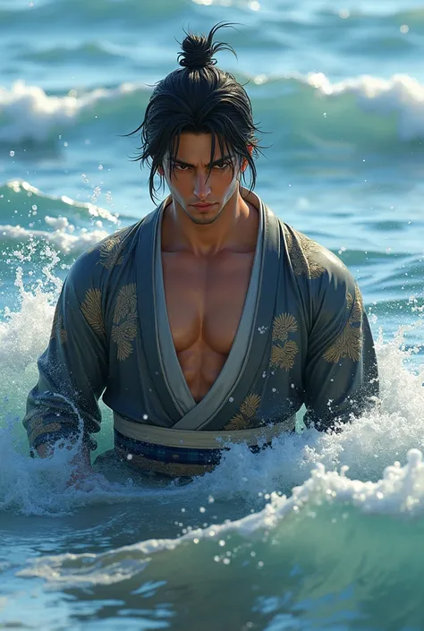 Japanese-style handsome man, wear Kimono, The lower part of the body is hidden by the waves., Ocean, Above the waist, A muscular chest with just a hint of nipple , My body is wet from the waves　Anatomically correct, Realism Ahegao, 