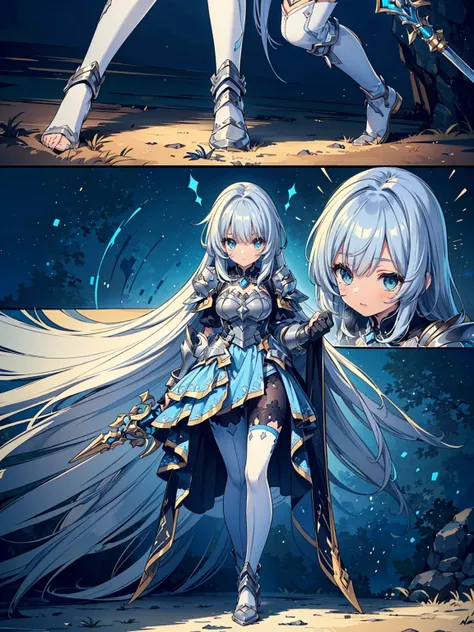 (((masterpiece, best quality, high detailed, 16k))) (1girl) A beautifully lethargic woman with messy blue-gray hair and sleepy cyan eyes. She wears a flowing, loose silver armor that seems almost too heavy for her. In her hand, she lazily holds a massive, ...