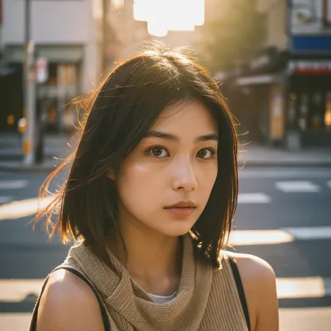 a hyper-realistic image of a single japanese woman in her early 20s, captured from the shoulders up with the nostalgic warmth an...