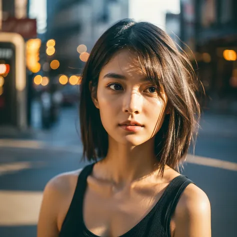 a hyper-realistic image of a single japanese woman in her early 20s, captured from the shoulders up with the nostalgic warmth an...