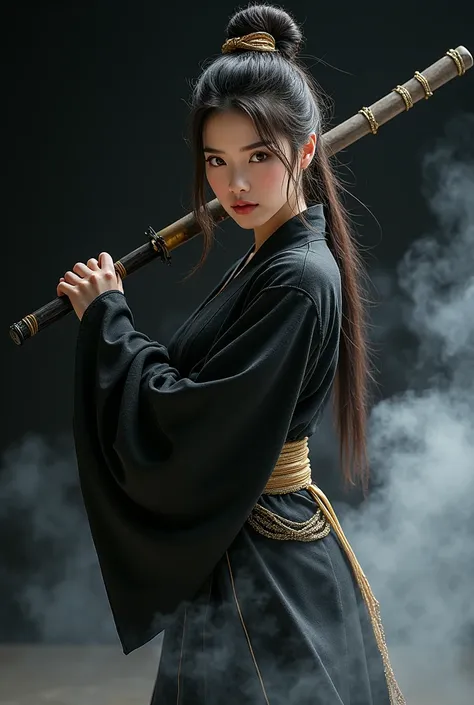 An oriental woman from Japan ready to fight in black clothes with gold details, eyes browns, black hair with a bun and golden ribbons , using a fan, black background with white smoke