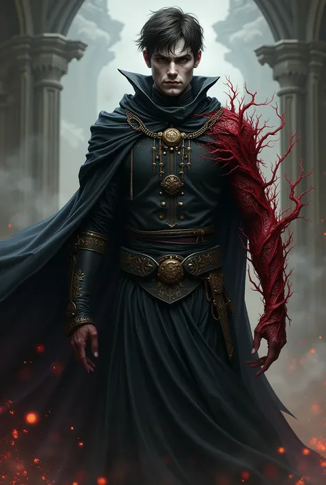 Human male with short dark brown hair and dark brown eyes, with white skin and a thick crimson bark up to the right arm wearing necromancer clothes with a black cape 