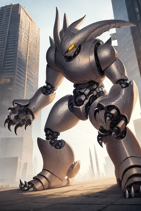 Masterpiece, best quality, ultra detailed, illustration, epic lighting, cinematic composition, ball shaped robot, with claws, ball shape, round robot, angry expression, spikes on top, yellow eyes, city background, long arms, small feet, looking at viewer, ...