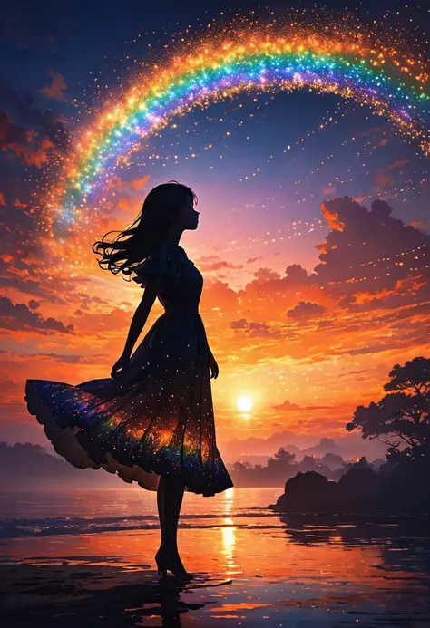 The image depicts a silhouette of a girl standing against a stunning sunset background. The sky transitions from a deep Orange near the horizon to a deep Rainbow colors as it ascends. The figure appears to be enveloped in a series of tiny glowing fairy lig...