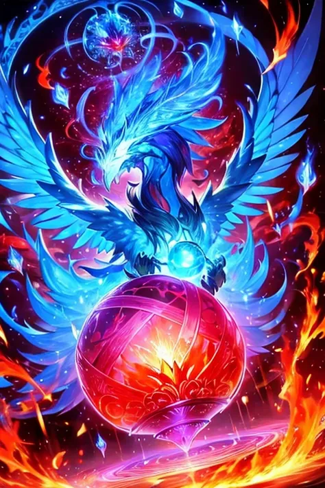 gigantic radiant phoenix of light blue color and red flames of fire conjuring a ball of purple energy