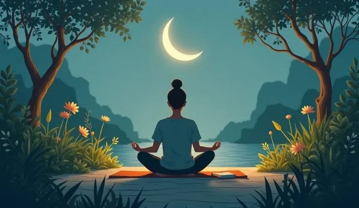 A quiet, peaceful garden at night with a crescent moon glowing softly. A person is meditating on a mat, surrounded by plants and a journal, symbolizing new beginnings and personal growth. --ar 16:9