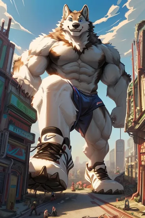 Brown wolf, wolf furry, furry male, giant, giga giant, white body, blue eyes, red short, white nike Air Force sneakers, big feet, macro, (GTSGiga, cityscape, sprawl:1.4), smiling, stomping, destroying, city