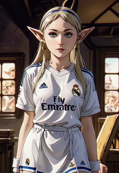 (best quality, artwork),sexually,  erotic, 18+, nsfw, 1 girl, 1 , dressed in the real madrid shirt, elf ear , 4k image quality