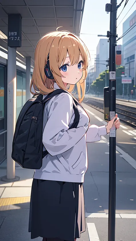 ((best quality)), ((masterpiece)), (detailed), anime girl standing at subway station with backpack and headphones、tokyo anime sc...