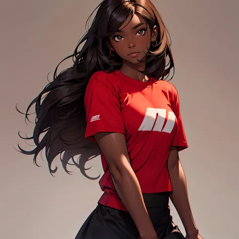 Woman, dark skin tone, straight brown hair, dark skin tone, wears red t-shirt and a black skirt, 1 girl, long hair, simple background, looking at viewer, solo, 