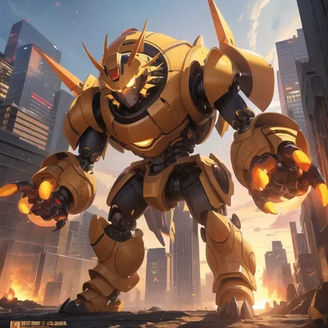 Masterpiece, best quality, ultra detailed, illustration, epic lighting, cinematic composition, ball shaped robot, with claws, ball shape, round robot, angry expression, spikes on top, yellow eyes, brown in color, city background, 2 long arms coming out fro...