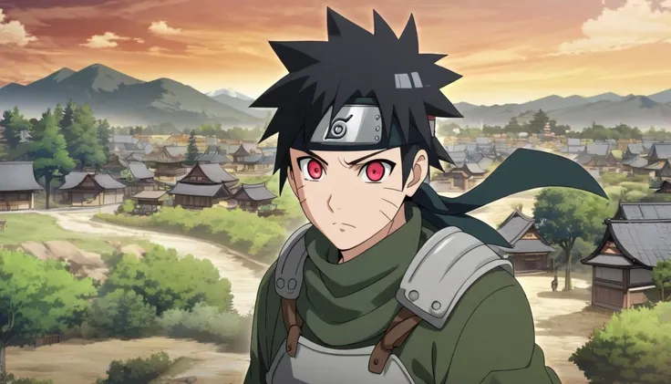 Anime styles, Naruto Shippuden styles, Konoha village background, Black hair, Red eyes, dark green outfit, grey armored, headband ninja, male, boy, 1male