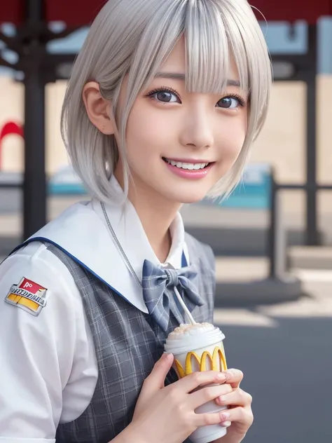 NSFW,Correct human anatomy,Japanese,a young beautiful Japanese girl with short platinum silver hair,large  clear eyes,droppy eyes,a balanced gaze,and a sweet smile,(wearing a detailed McDonald uniform:1.25),highly detailed and realistic, 8k,ultra-detailed,...