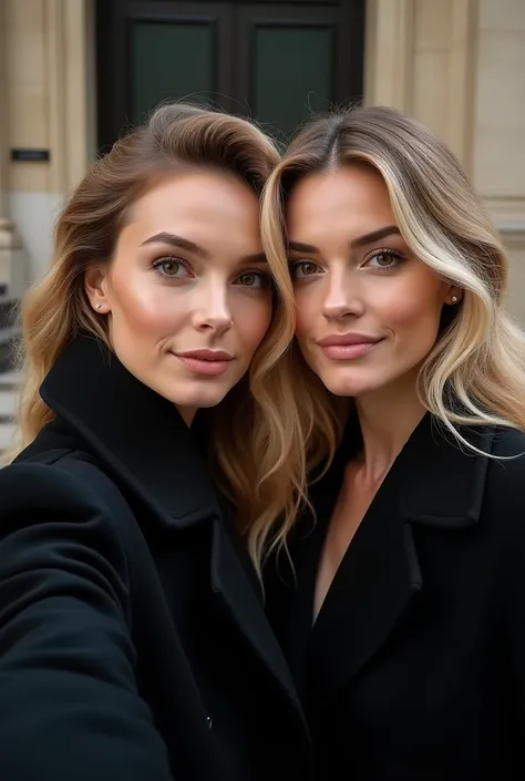 Profile photo of a beautiful, elegant 2 woman, wavy blonde hair, almond-shaped brown eyes, wearing a black coat and taking a selfie. Super realistic photo, without anatomical errors, realistic.