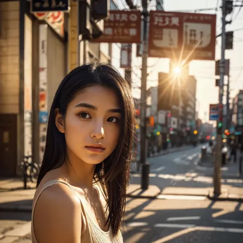 A hyper-realistic image of a single Japanese woman in her early 20s, captured from the shoulders up with the nostalgic warmth and subtle graininess of a film camera. She stands against the backdrop of a bustling city street, where soft, diffused natural li...