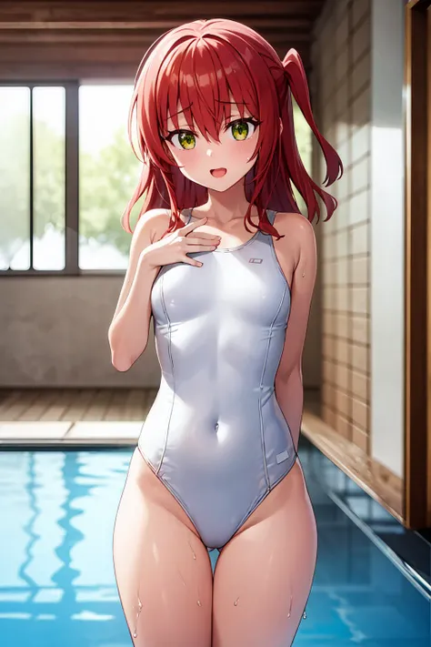 room, 1 girl, of the highest quality, ultra high resolution, by the wide, redhead, green eyes,Looking at the audience, small breasts , shy face、watery eye, open the mouth、cowboy shot、shiny swimsuit、white swimsuit, pool