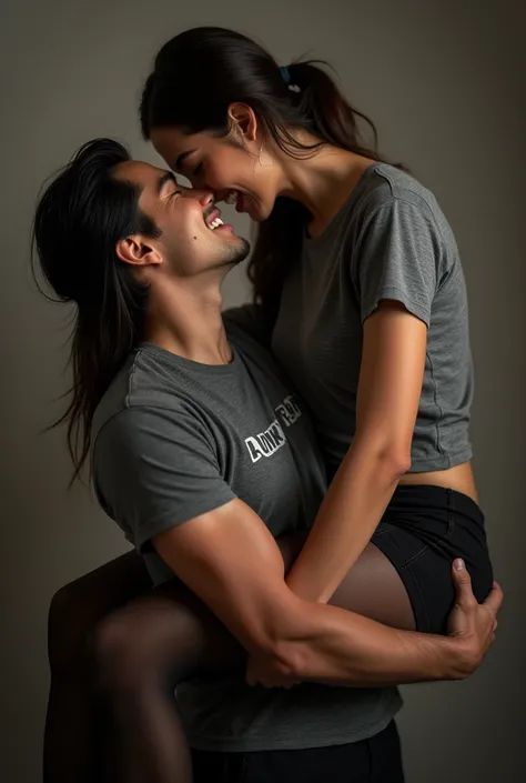 Show entire body, feet in view, a gorgeous Malaysian supermodel and a 50 year old man, smiling, sweat dropping down her face, both wearing a t-shirt that reads “Pantyhose Girl”, shorts, the supermodel is wearing black pantyhose, the man is wearing a slim t...