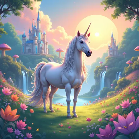 Here’s a detailed prompt for generating a vibrant anime scene featuring a fantasy unicorn and its kingdom:

---

**Fantasy Unicorn Kingdom:**

"Create a vibrant anime scene depicting a majestic unicorn and its fantastical kingdom. The setting is a magical,...