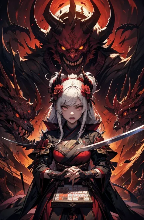 beautiful devil painting, devil woman with a sword, devil woman with a sword, Strong female samurai, ２Book Corner, Fanged Mouth, Eyes without pupils, gambling, Kumatori, Hundred Flower Orchid, The Flower of Carnage, he&#39;Late 20s, beautiful black haired ...